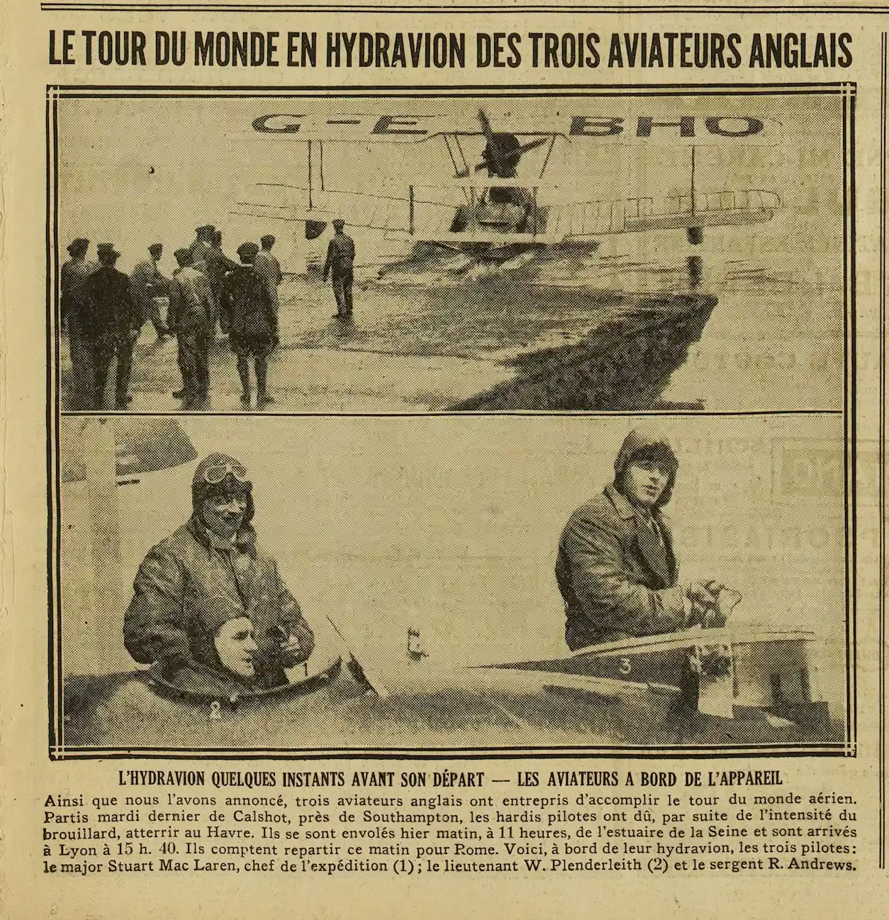 Le tour du monde en hydravion des trois pilotes Anglais, Mac Laren, Plenderleith et Andrews