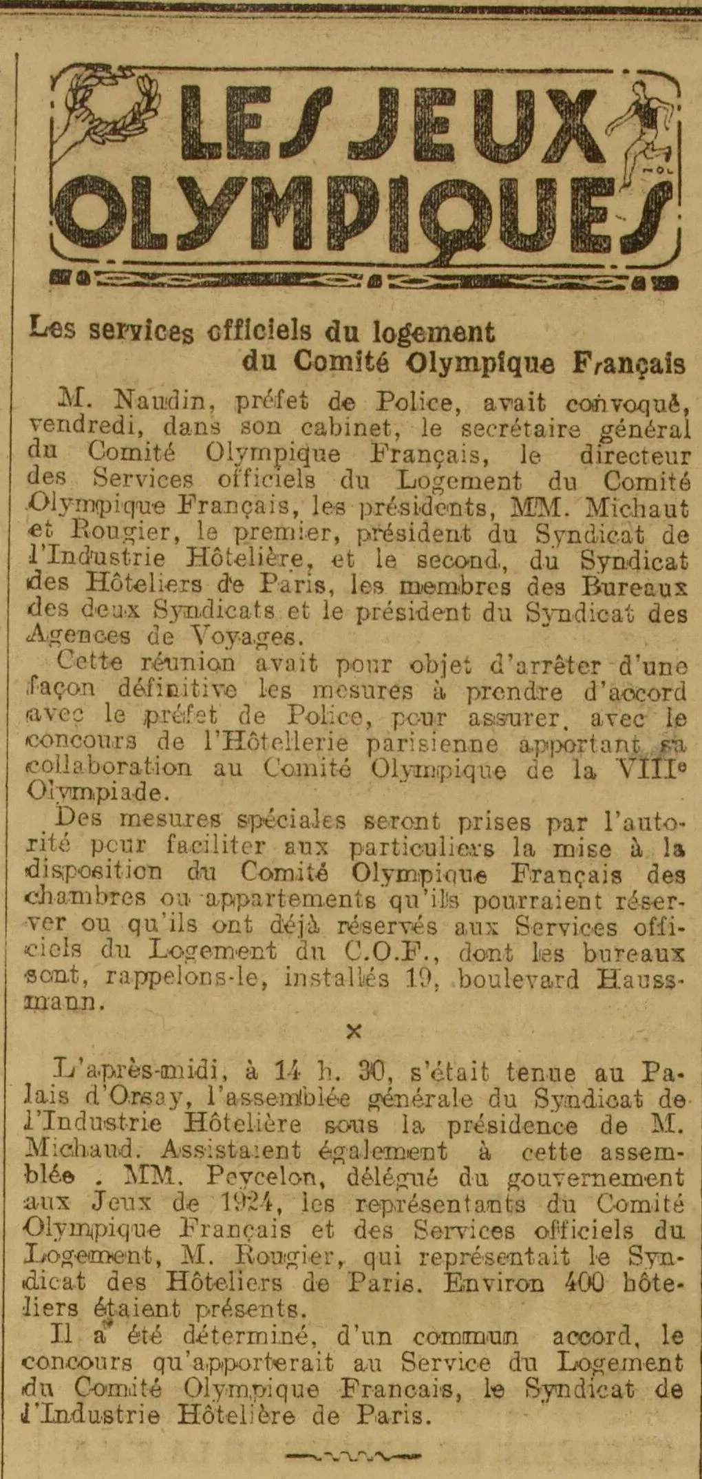 les jeux olympiques, les services officiels du logement du comité olympique français