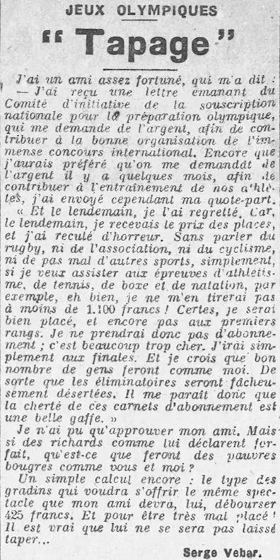 les prix prohibitif des places aux Jeux Olympiques