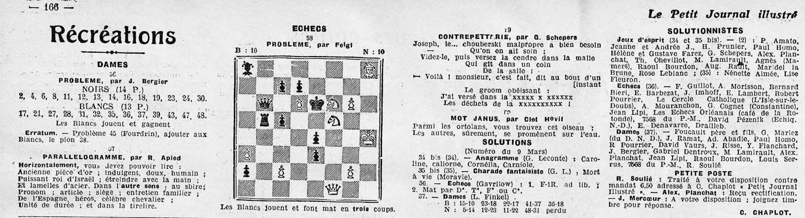 récréation : les dames, parallélogramme, échecs, contrepèterie, mot Janus