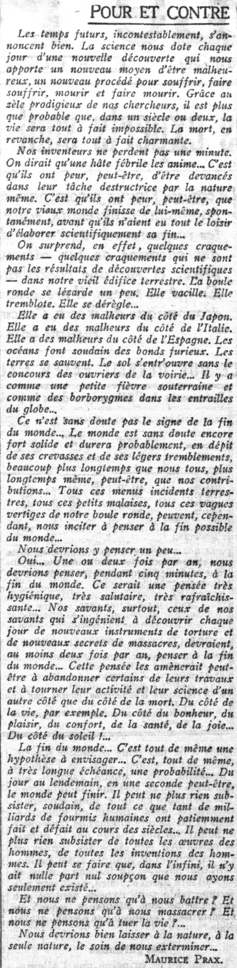 fin du monde Maurice Prax