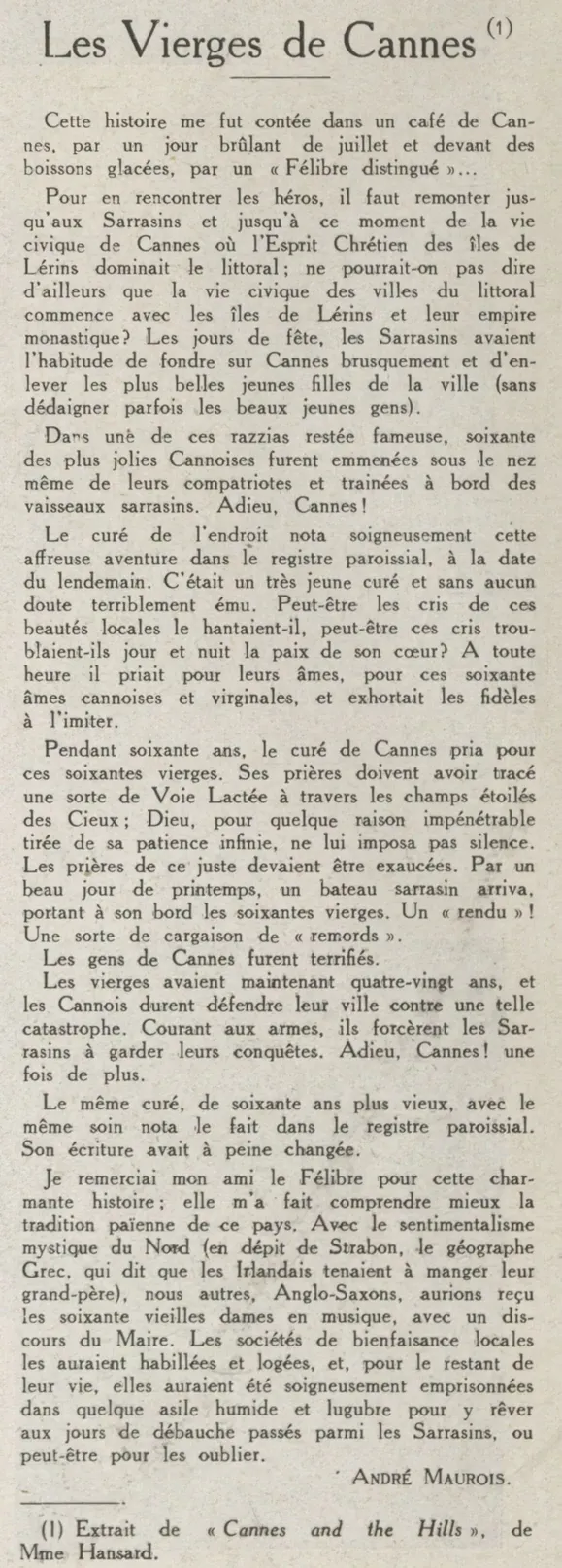the sixty The Virgins of Cannes André Maurois Mme Hansard