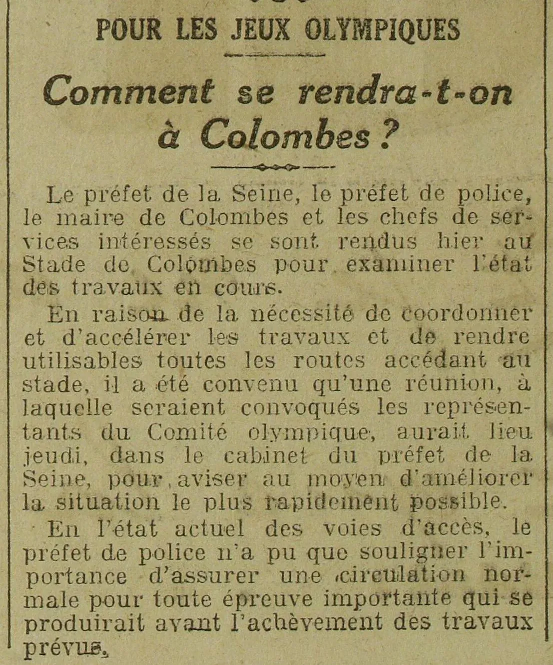 circulation à Colombes pendant les jeux olympiques