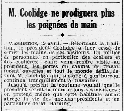 la  poignée de main du président Coolidge 