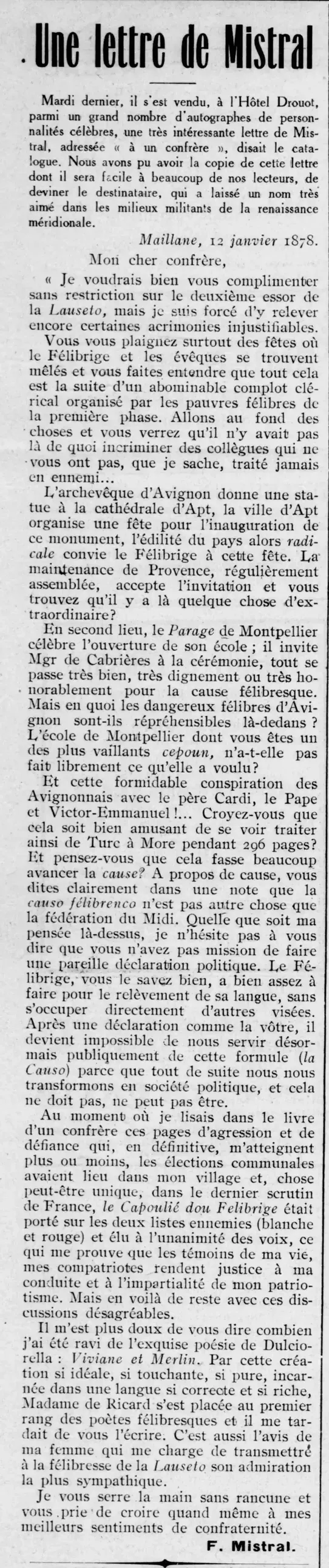 lettre de Frédéric Mistral