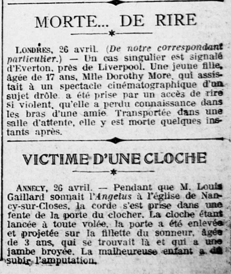 morte de rire à Everton (Liverpool) en Angleterre, et victime d'une cloche a Nancy-sur-Cluse