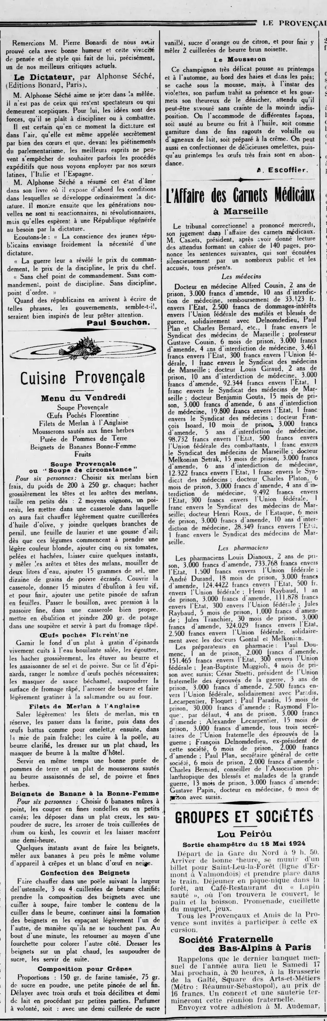11 mai 1924 recipes according to Auguste Escoffier