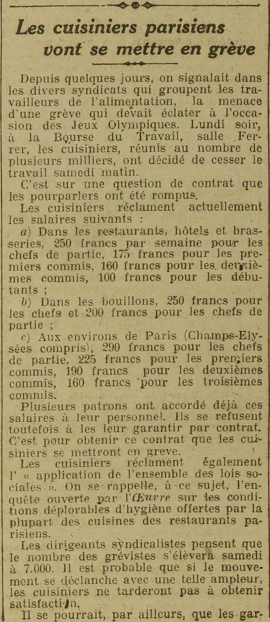 grèves des cuisiniers en raison du surcroît de travail dû aux jeux olympiques