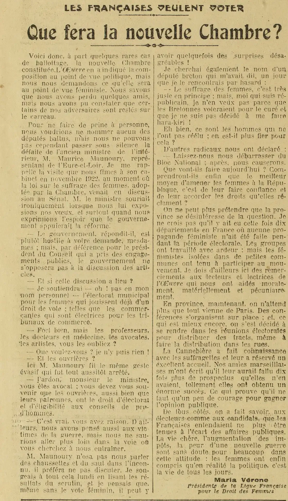Les Françaises veulent voter, que fera la nouvelle Chambre ?