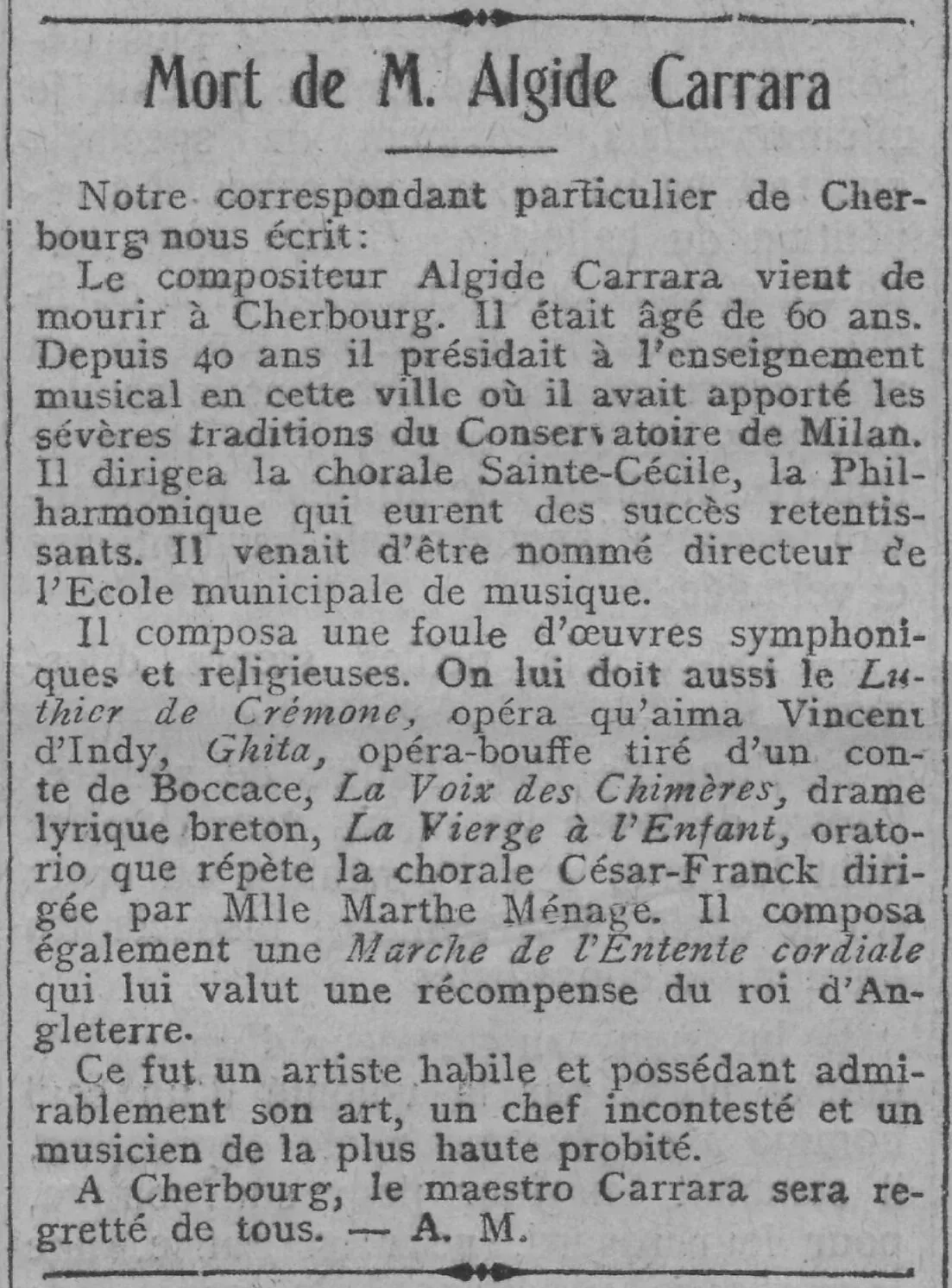 The death of Mr. Algide Carra