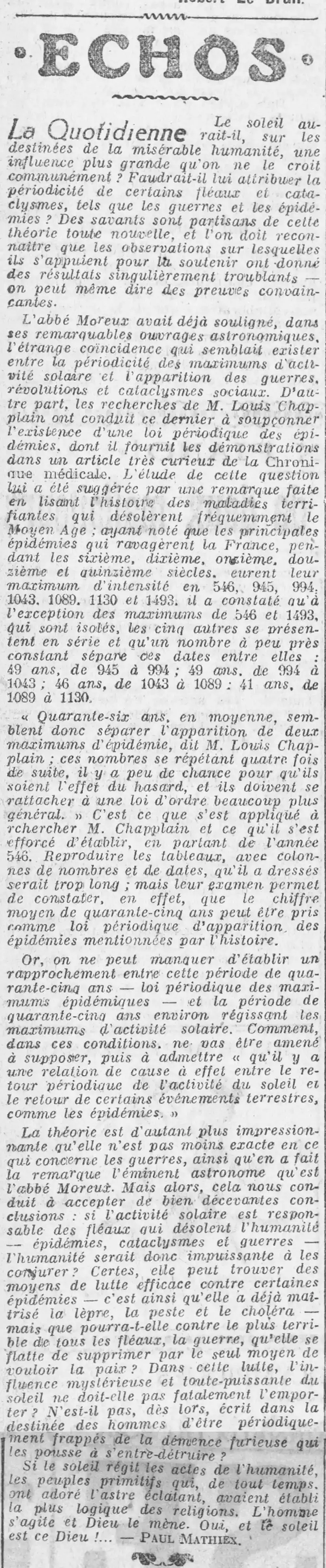  Le soleil aurait-il, sur les destinées de l'humanité, une influence plus importante qu'on ne le croit ?
