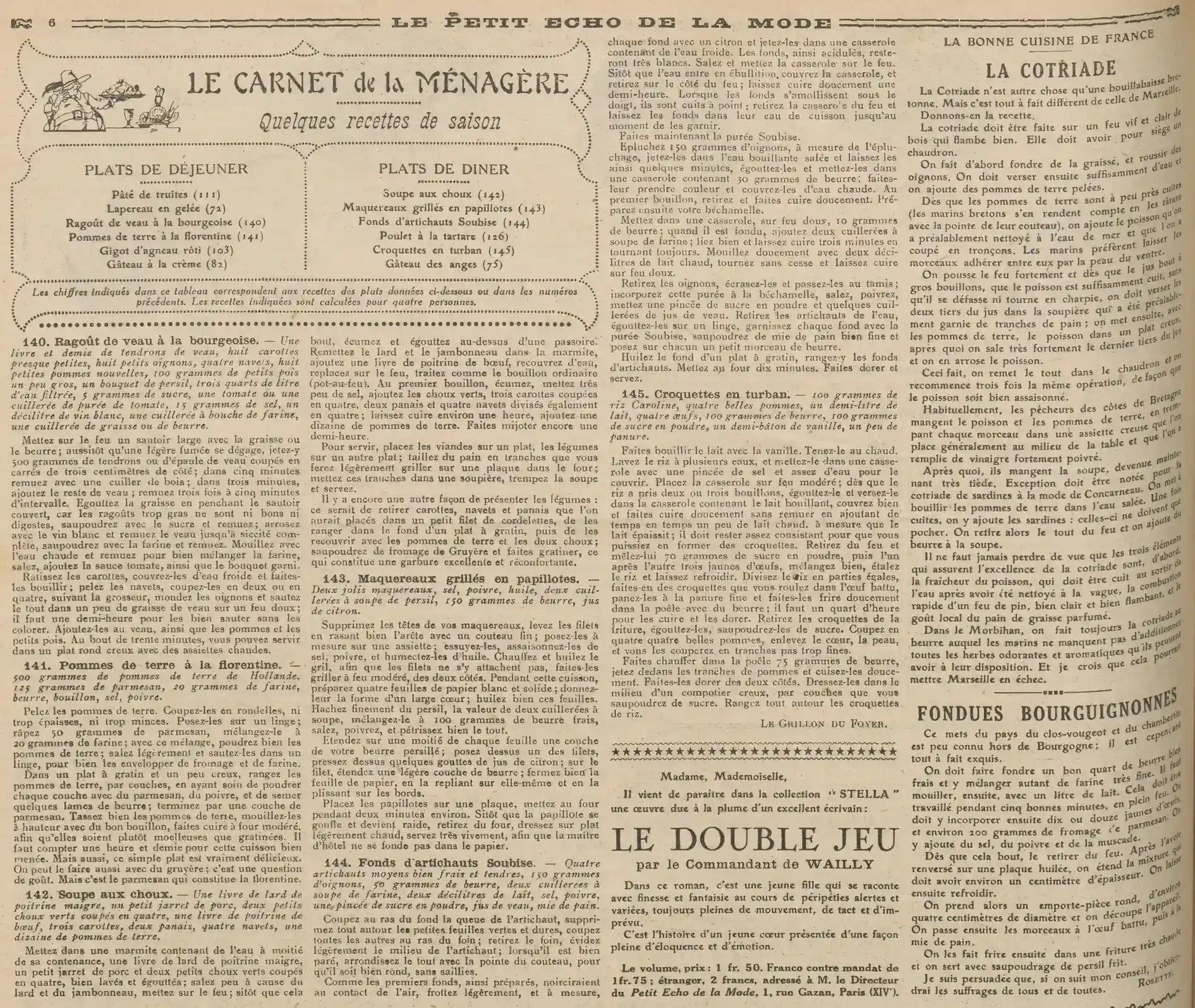 The housewife's notebook, menus and recipes