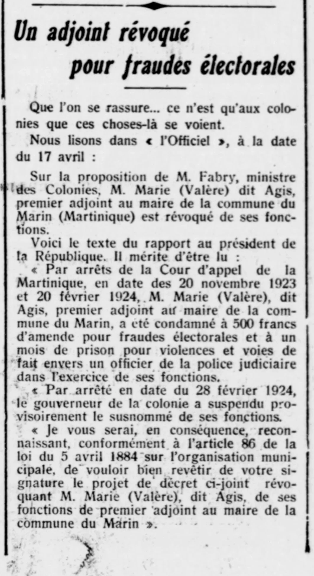 A deputy town councillor dismissed for electoral fraud at thr town hall of Le Marin Martinique