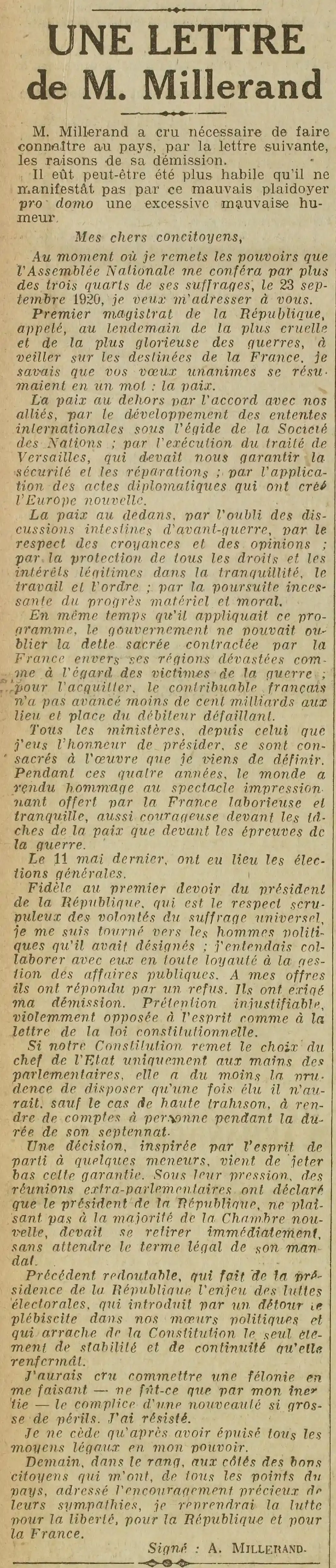 The letter of the President of the Republic