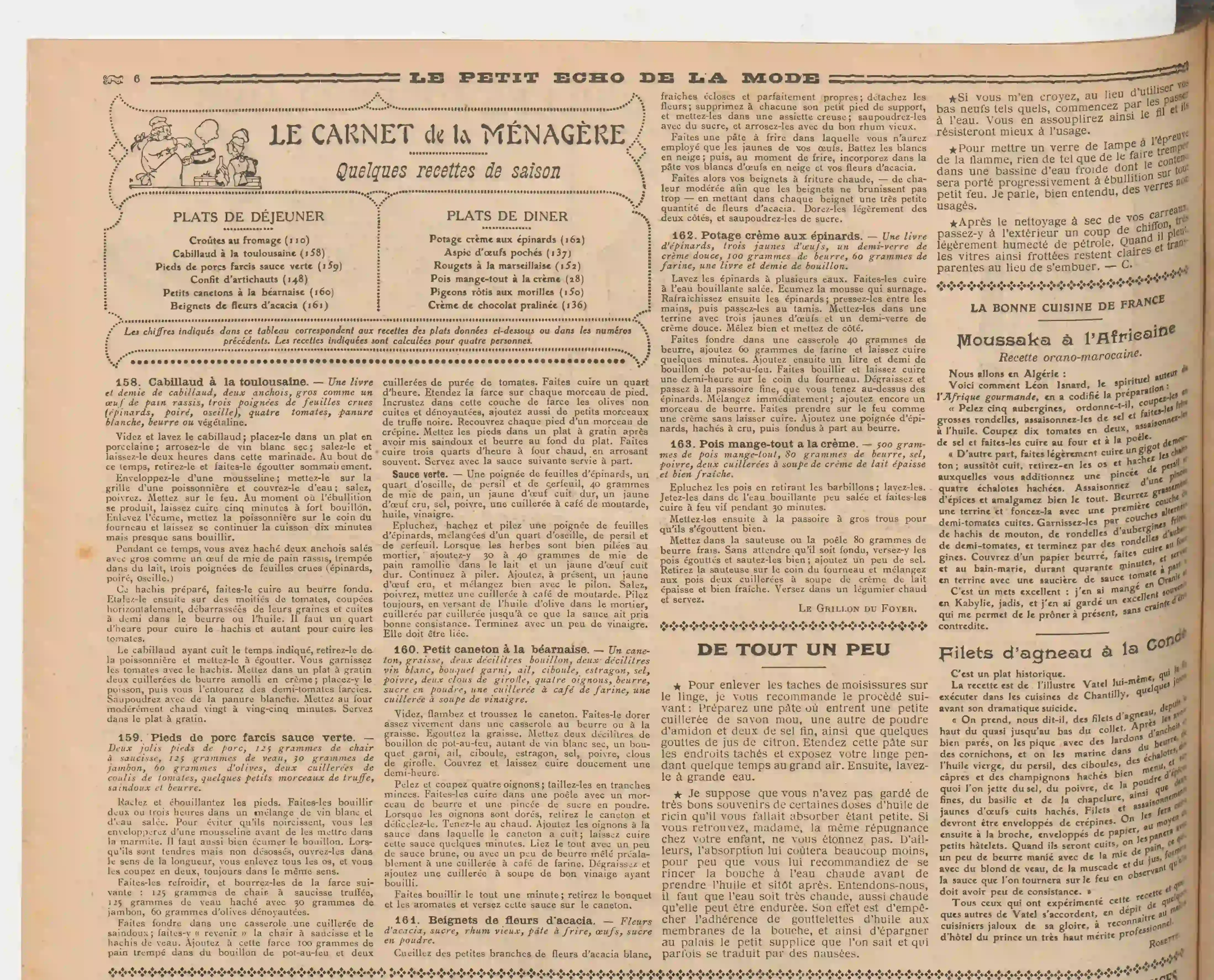 la carnet de la ménagère : menus et recetttes