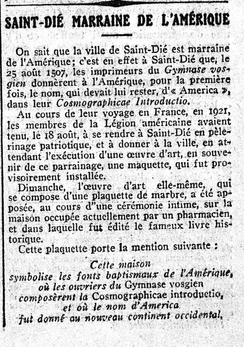 Saint-Dié, is the godmother city of America