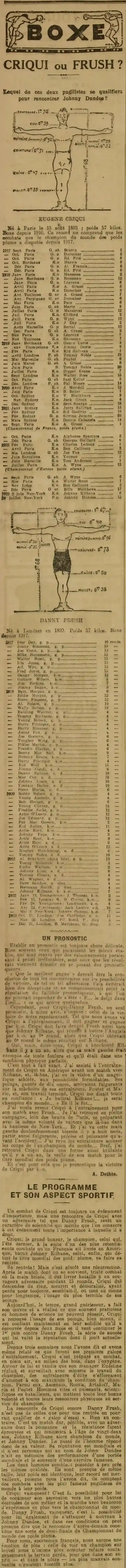 Criqui et Frush adversaires du match de boxe pour le championnat du monde des poids plume.