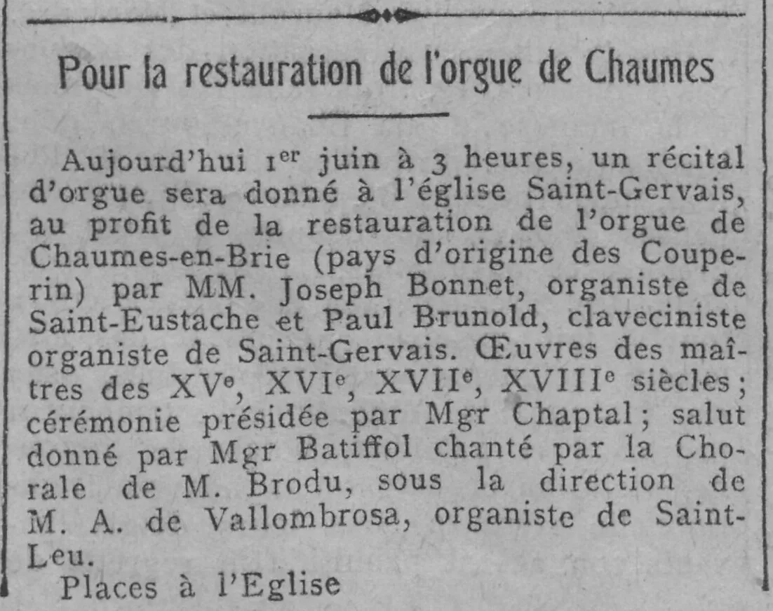 L'annonce d'un récital d'orgue donné à l'église Saint-Gervais