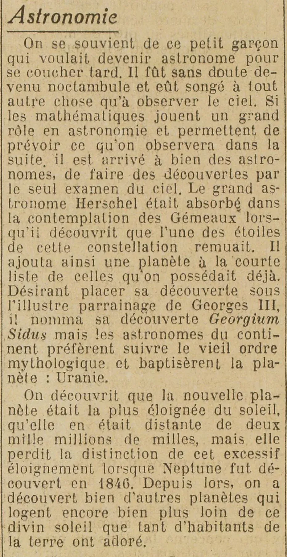 The story of the discovery of "Urania" by Herschel