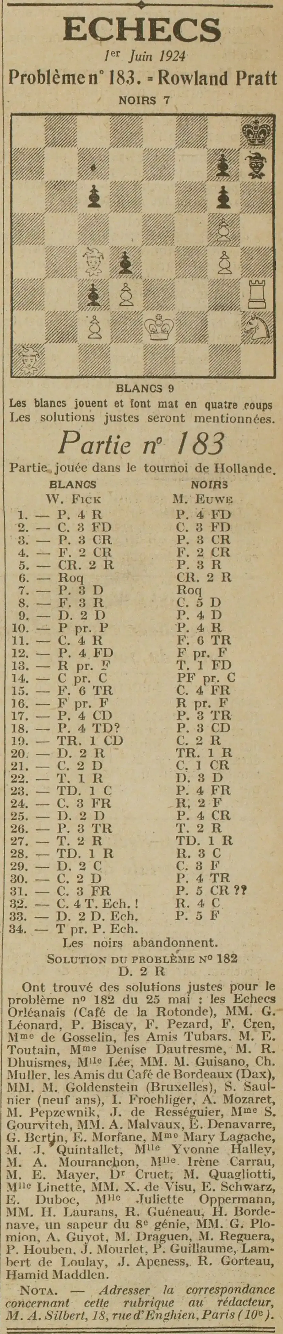 échecs hebdomadaire, le problème numéro 183