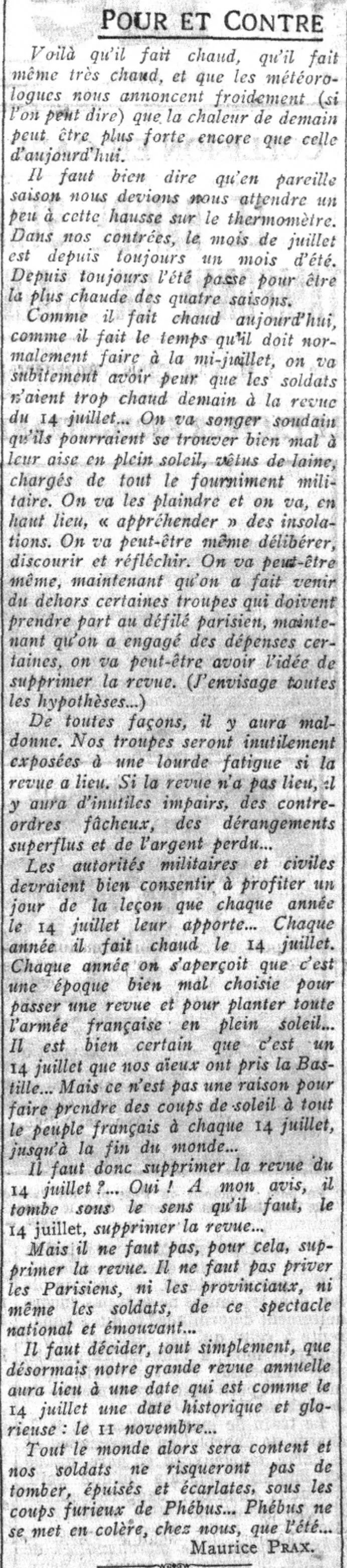 Le défilé du 14 juillet et la réponse de Maurice Prax à cette épineuse question
