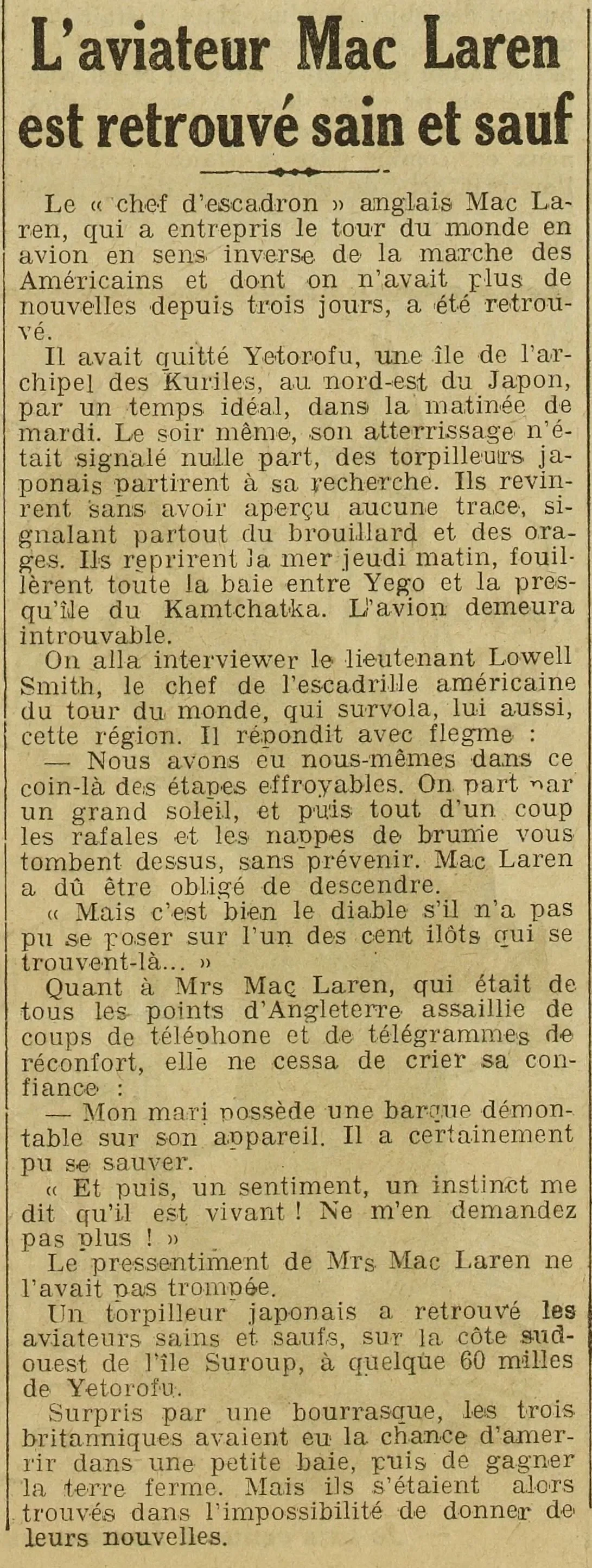 L'aviateur Mac Laren est retrouvé sain et sauf