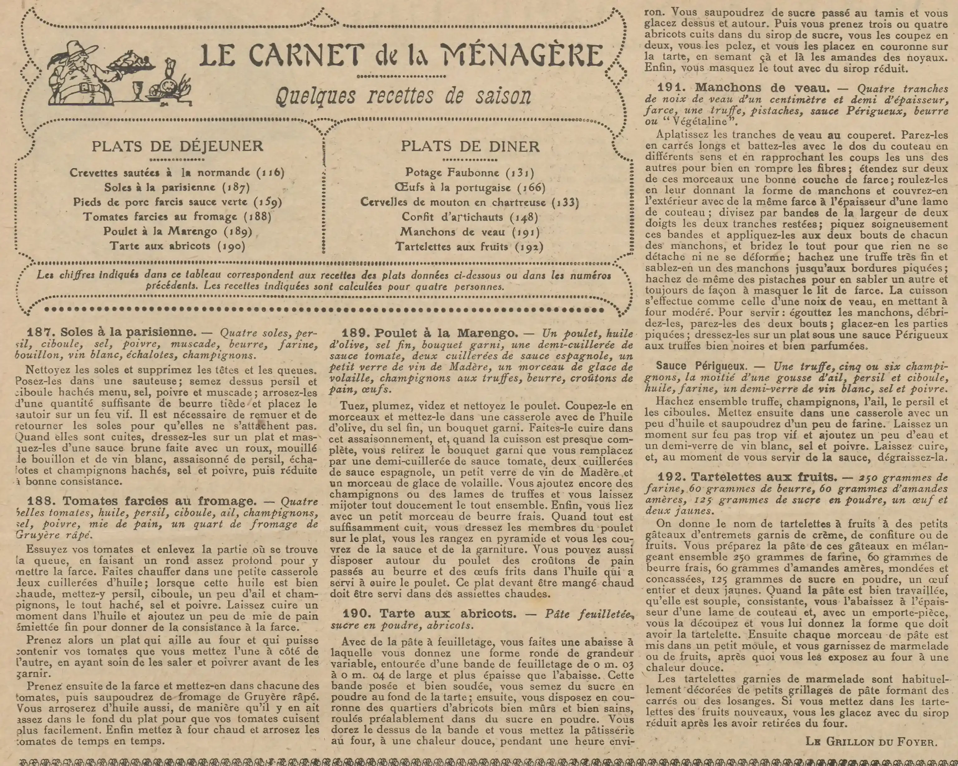 The weekly housewife's notebook with some seasonal recipes and always a suggestion of dishes for lunch and dinner