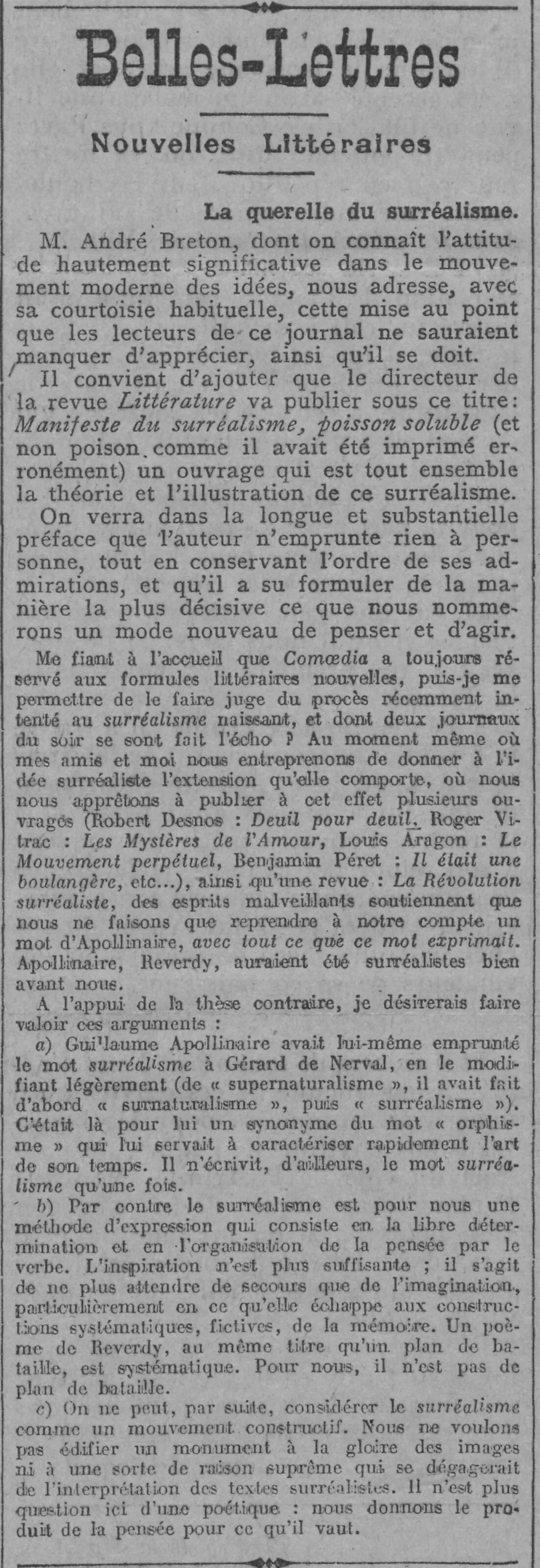 La querelle du surréalisme Andre Breton 24 août 1924