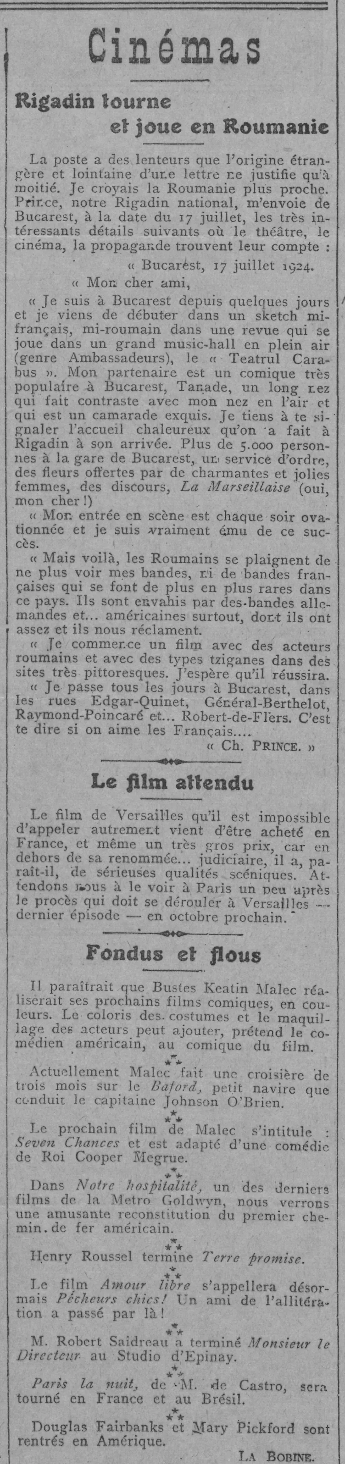 Rigadin tourne et joue en Roumanie 24 août 1924