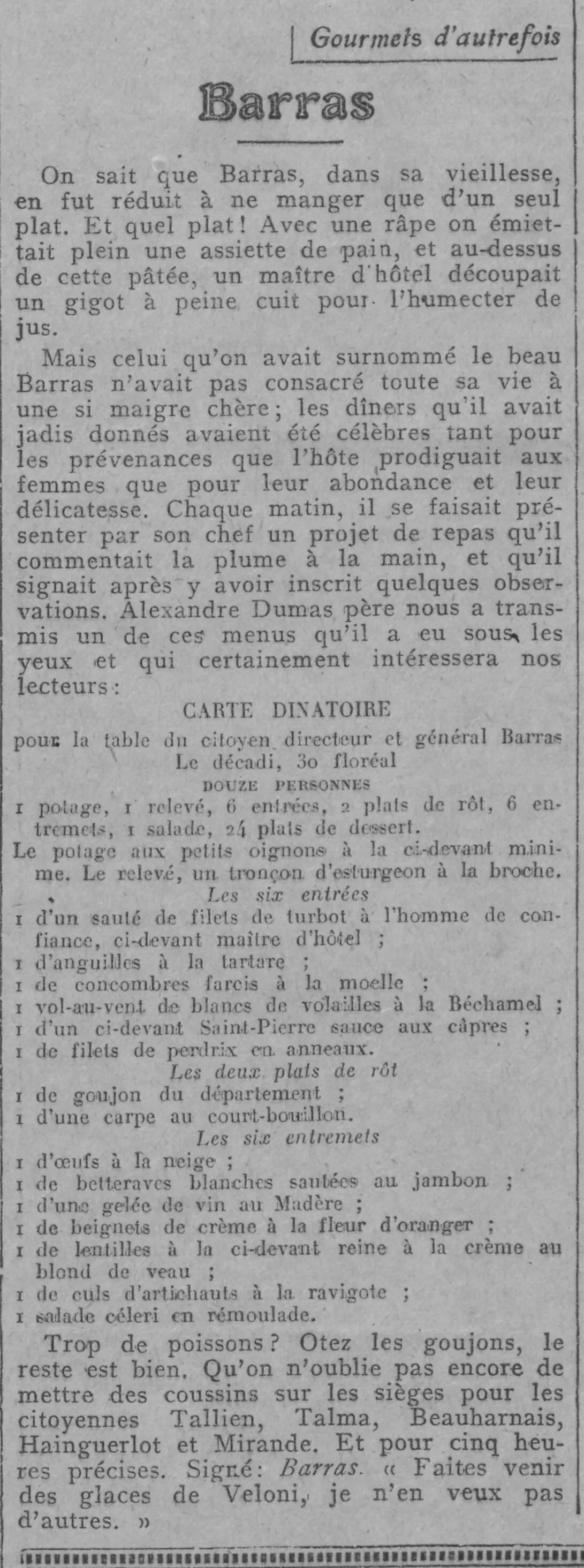 gourmets autrefois Barras 24 août 1924