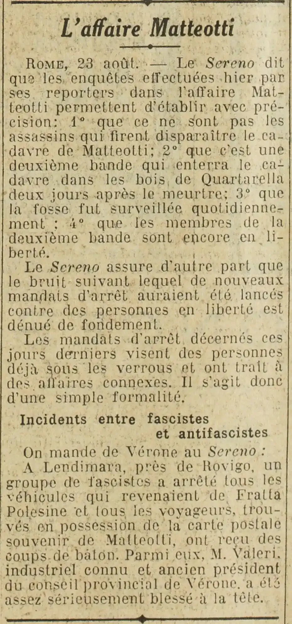 Le corps du député Italien Matteotti 24 août 1924
