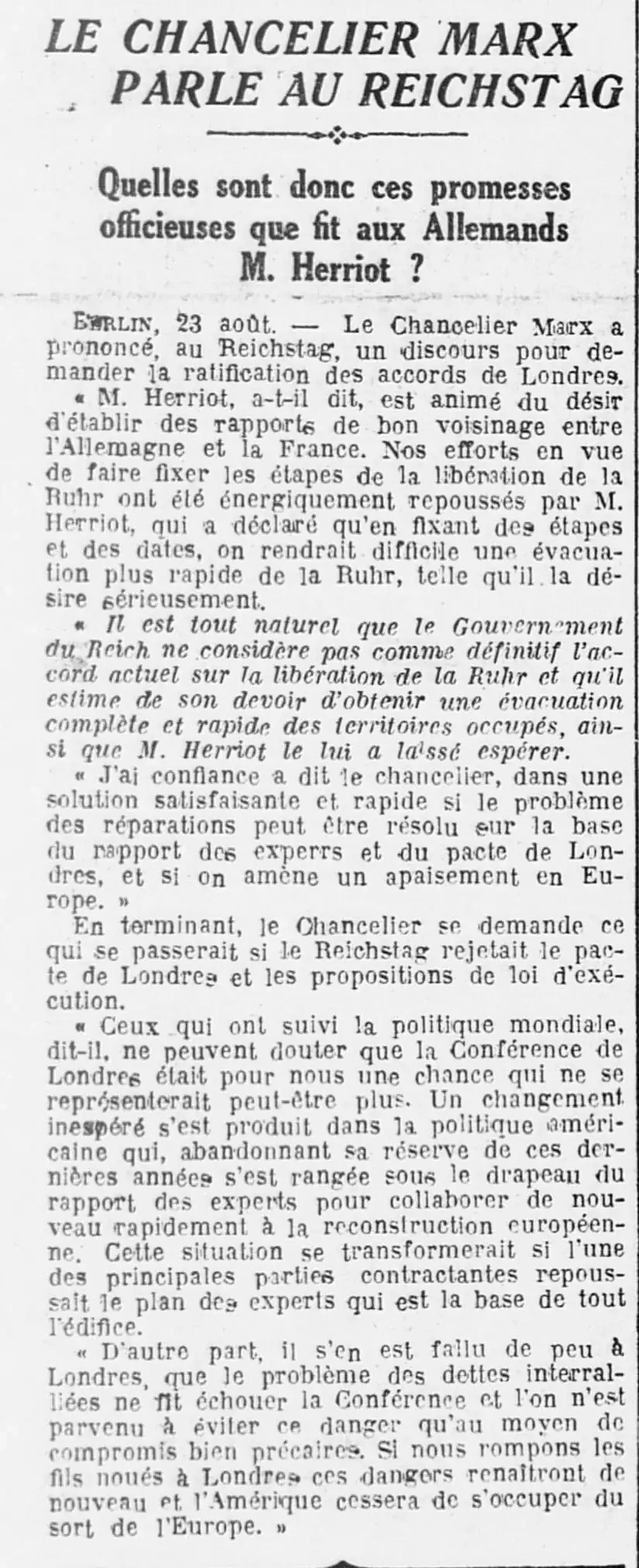 Le chancelier Marx parle au Reichstag 24 août 1924