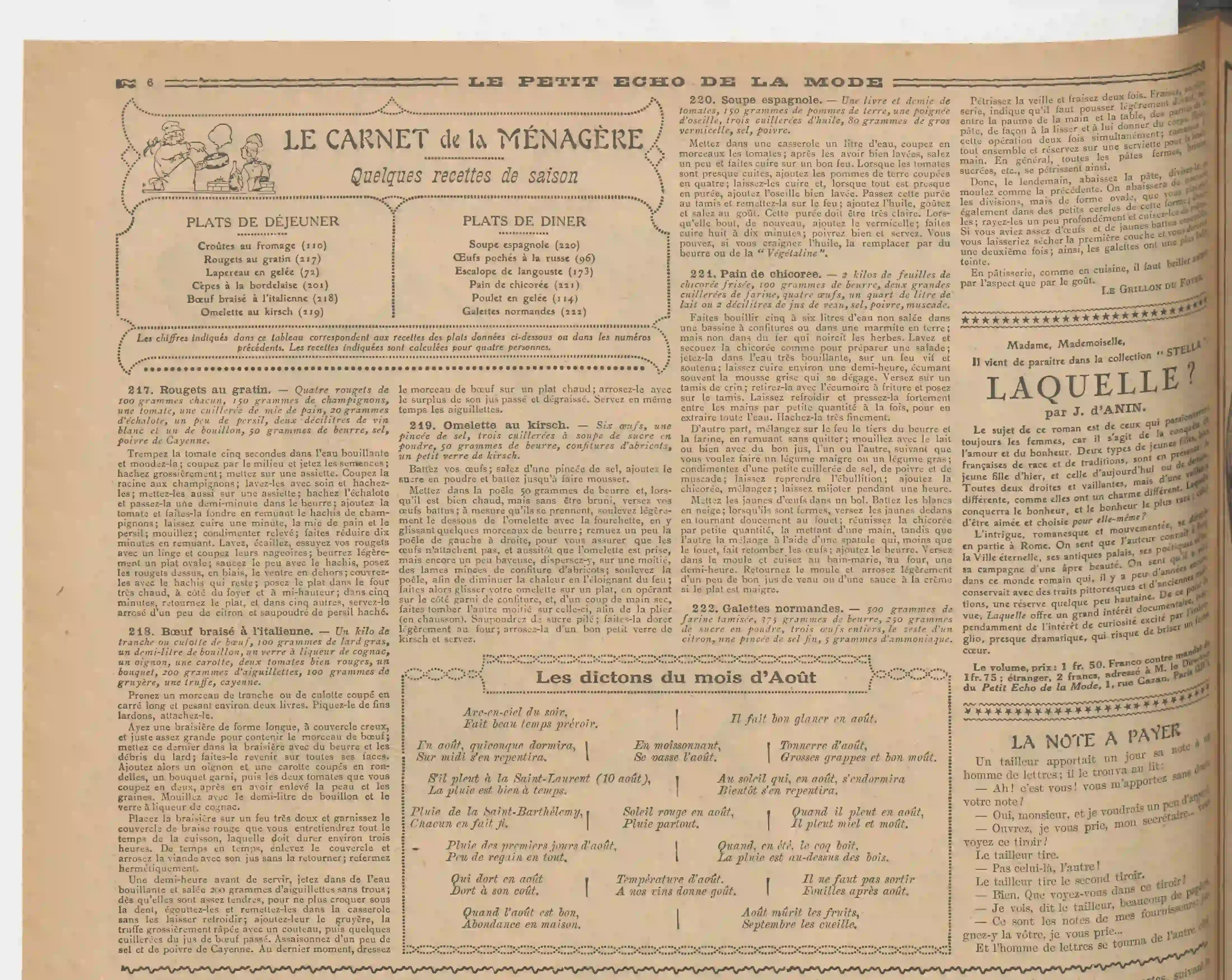 Le carnet hebdomadaire de la ménagère 24 août 1924