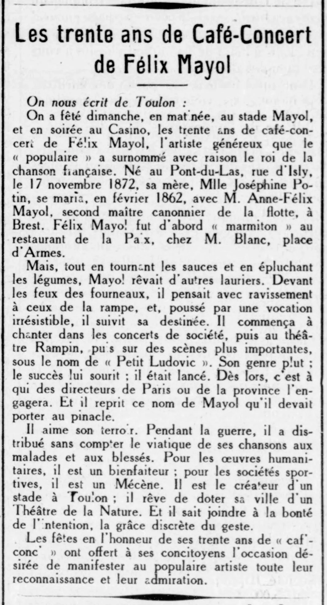 Les trente ans de Café-Concert de Félix Mayol