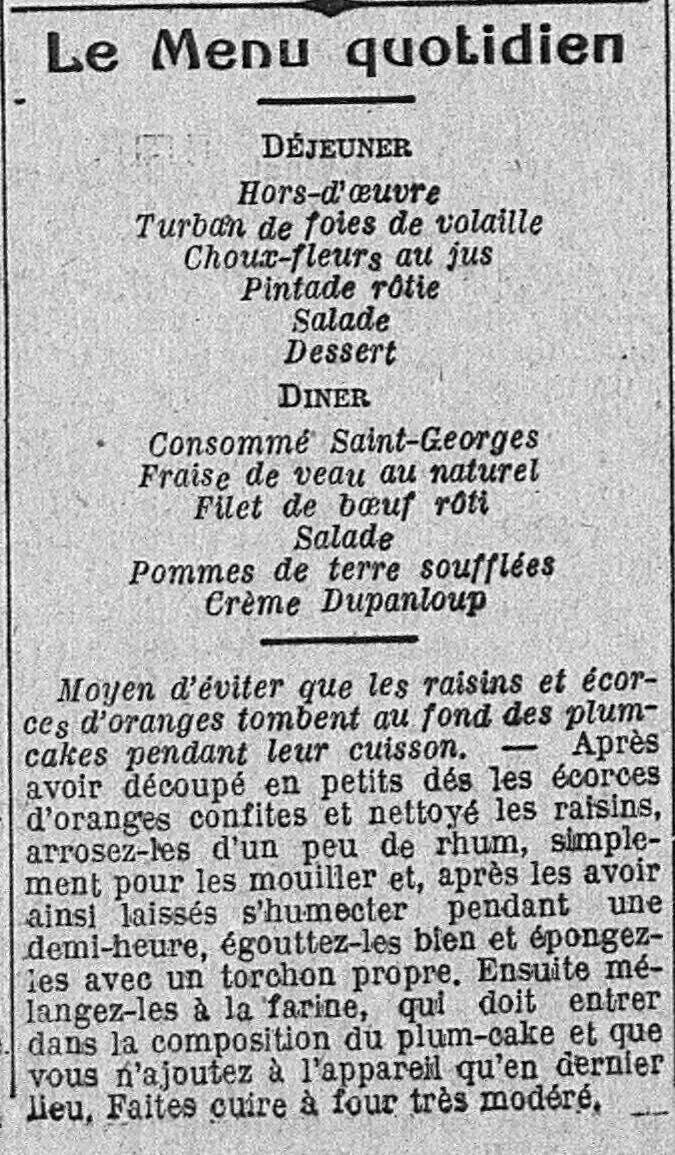Le menu du jour pour le déjeuner et pour le dîner