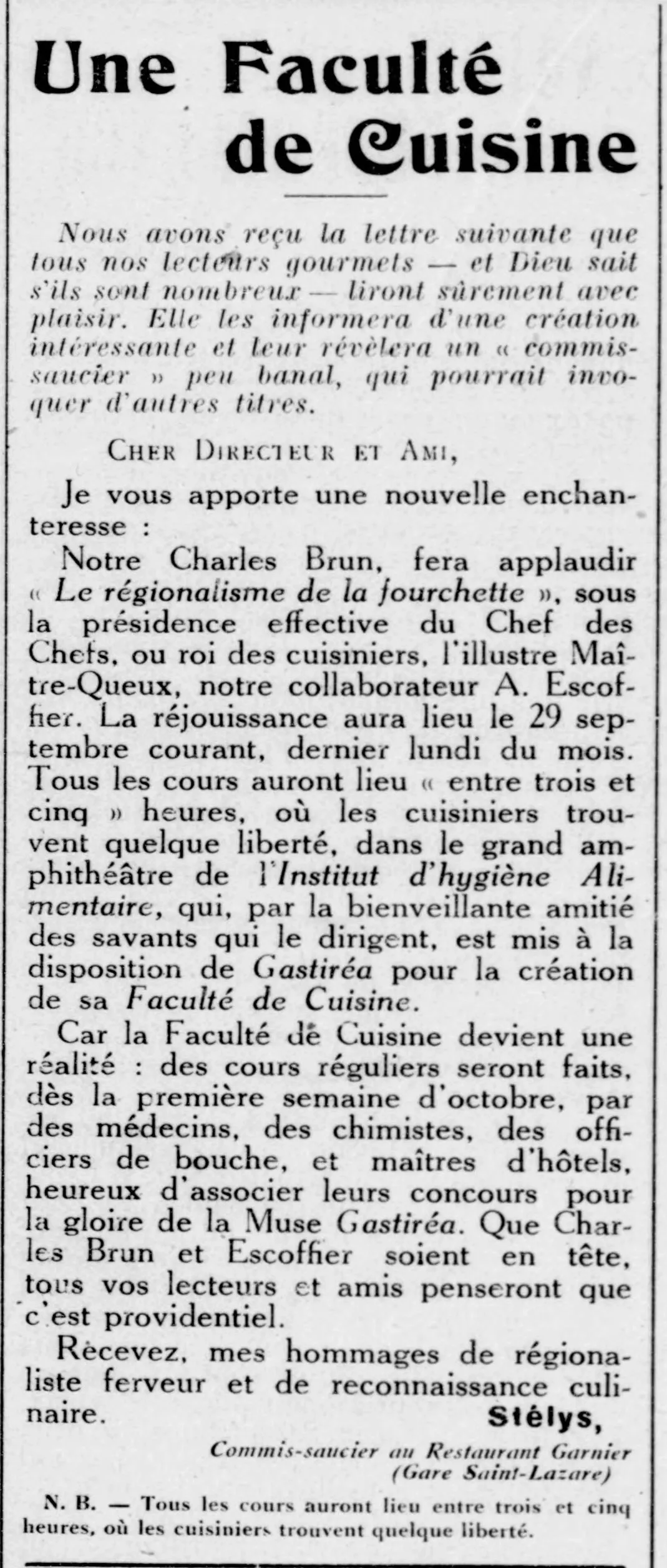 Une faculté de cuisine vient d'être créée