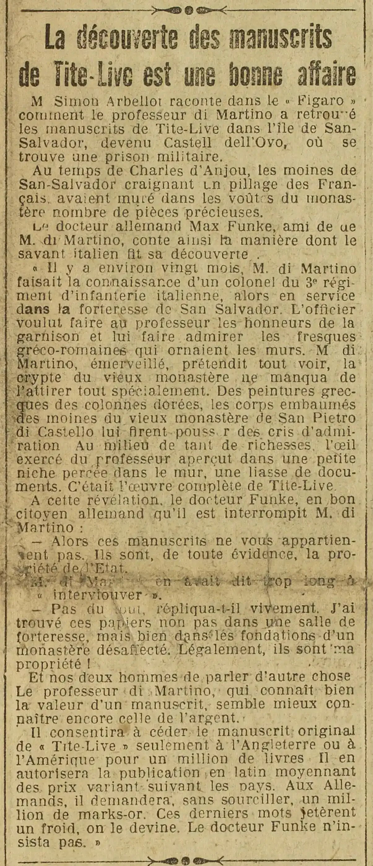 La découverte des manuscrits de Tite-Live