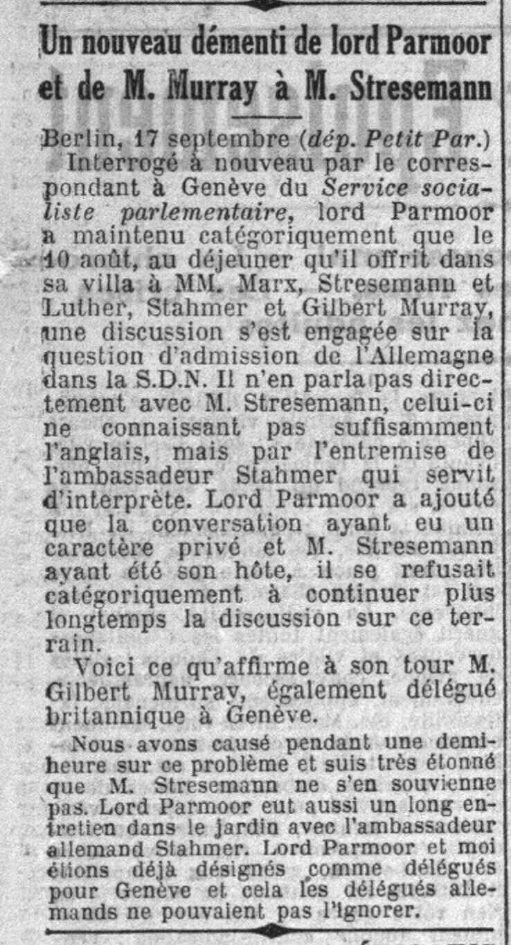 Un nouveau démenti de lord Parmoor