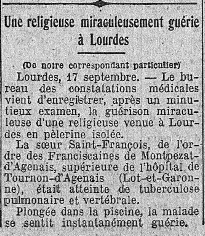 Une religieuse miraculeusement guérie