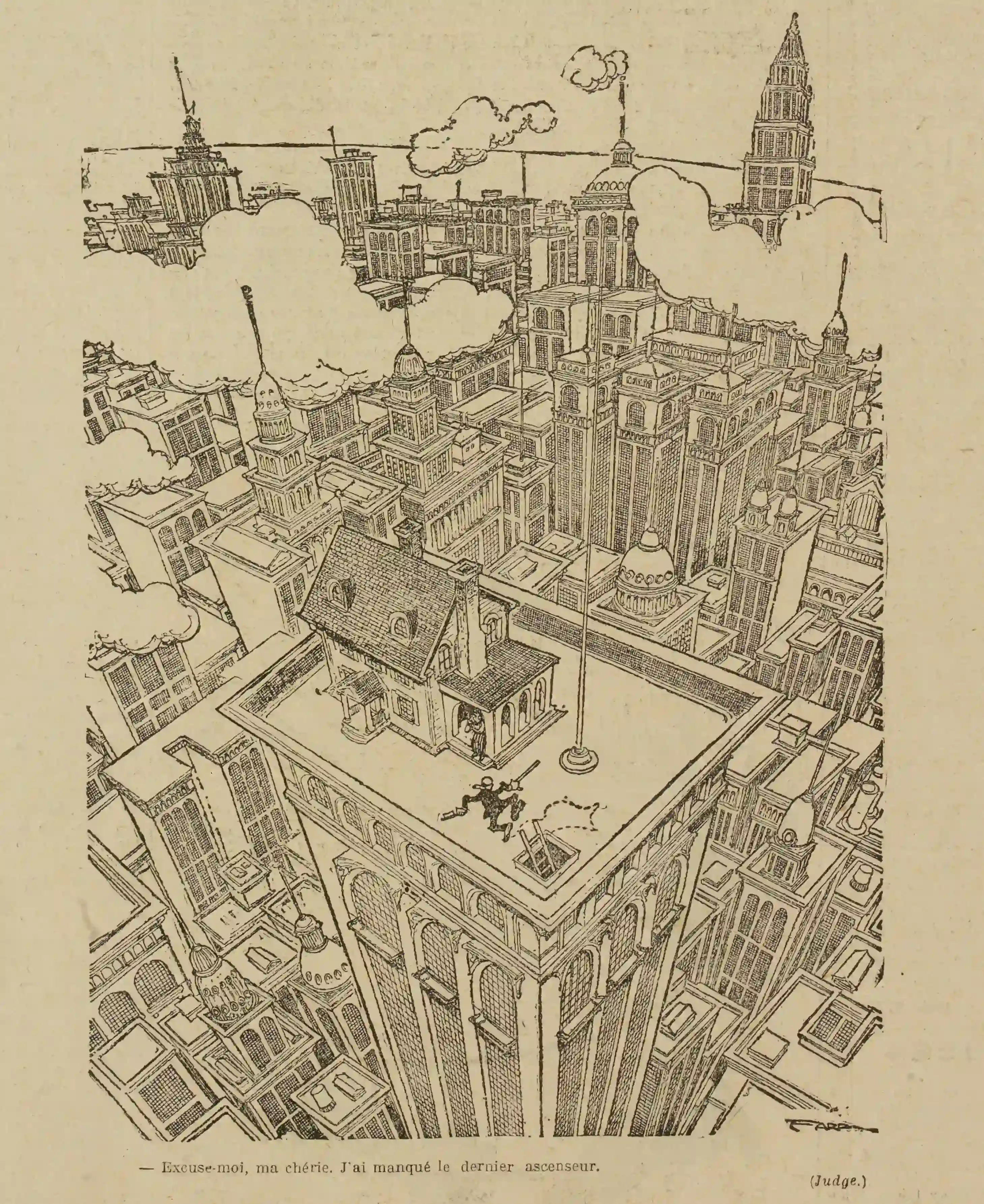  un dessin humoristique " Excusez-moi ma chérie. J'ai manqué le dernier ascenseur"