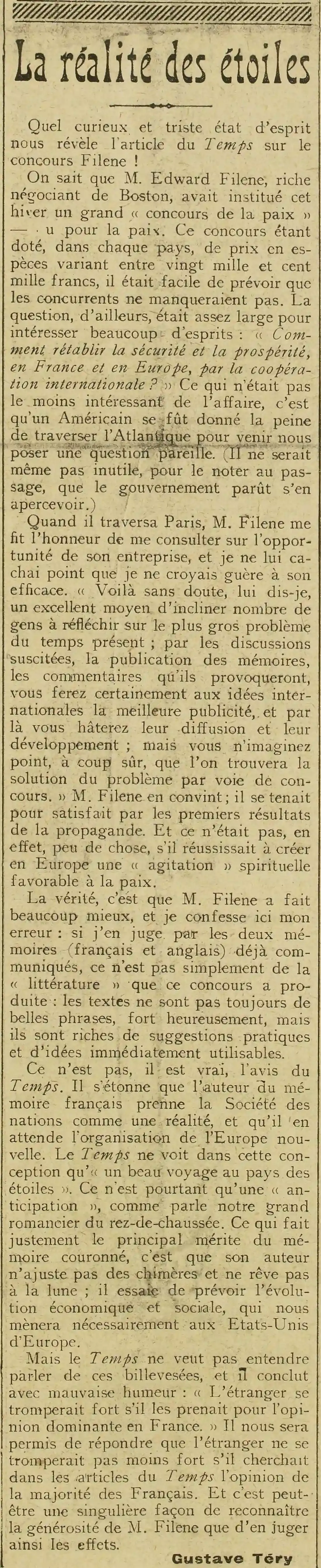  Le concours Filene, comment rétablir la sécurité et la prospérité, en France et en Europe, par la coopération internationale