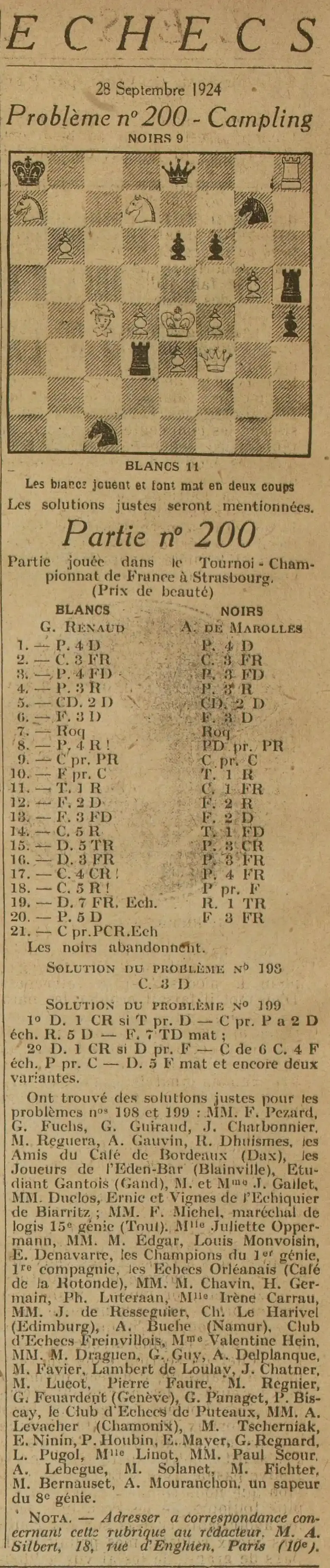 La Traditionnelle partie d'échec hebdomadaire n°200