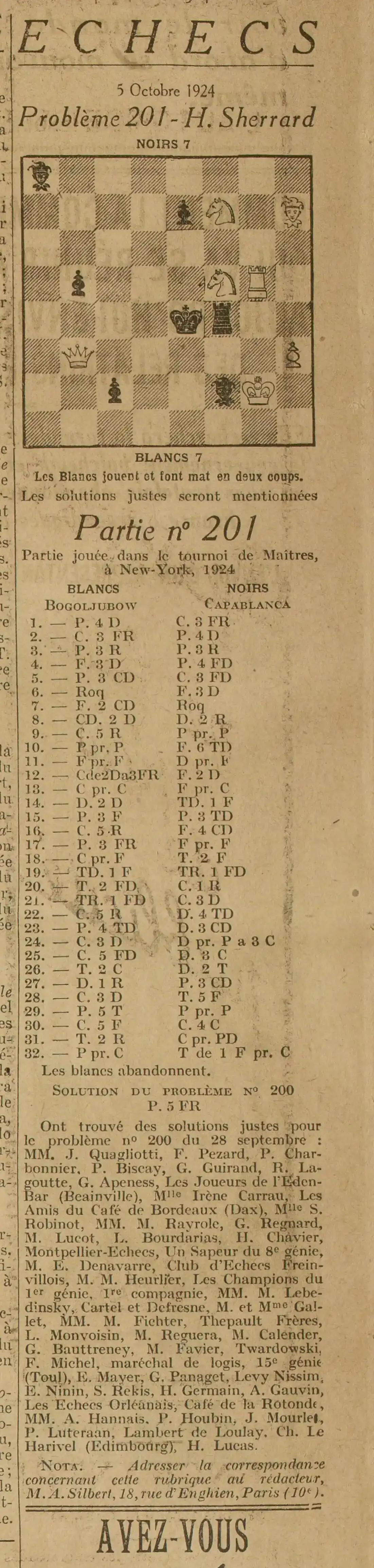 Le traditionnel problème d'échecs, aujord'hui numéroté 201