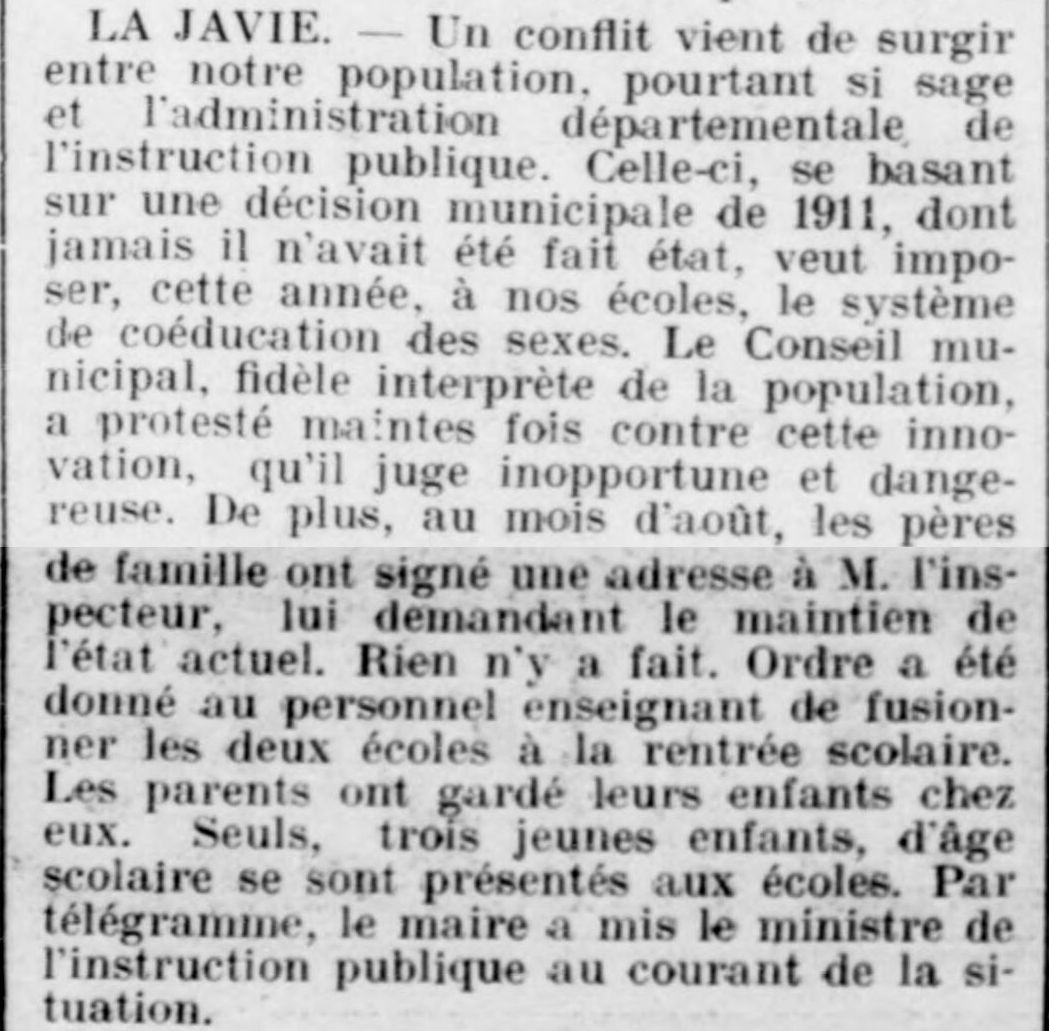 À la Javie, un conflit entre la population et l'administration départementale. Le sujet : la coéducation des sexes