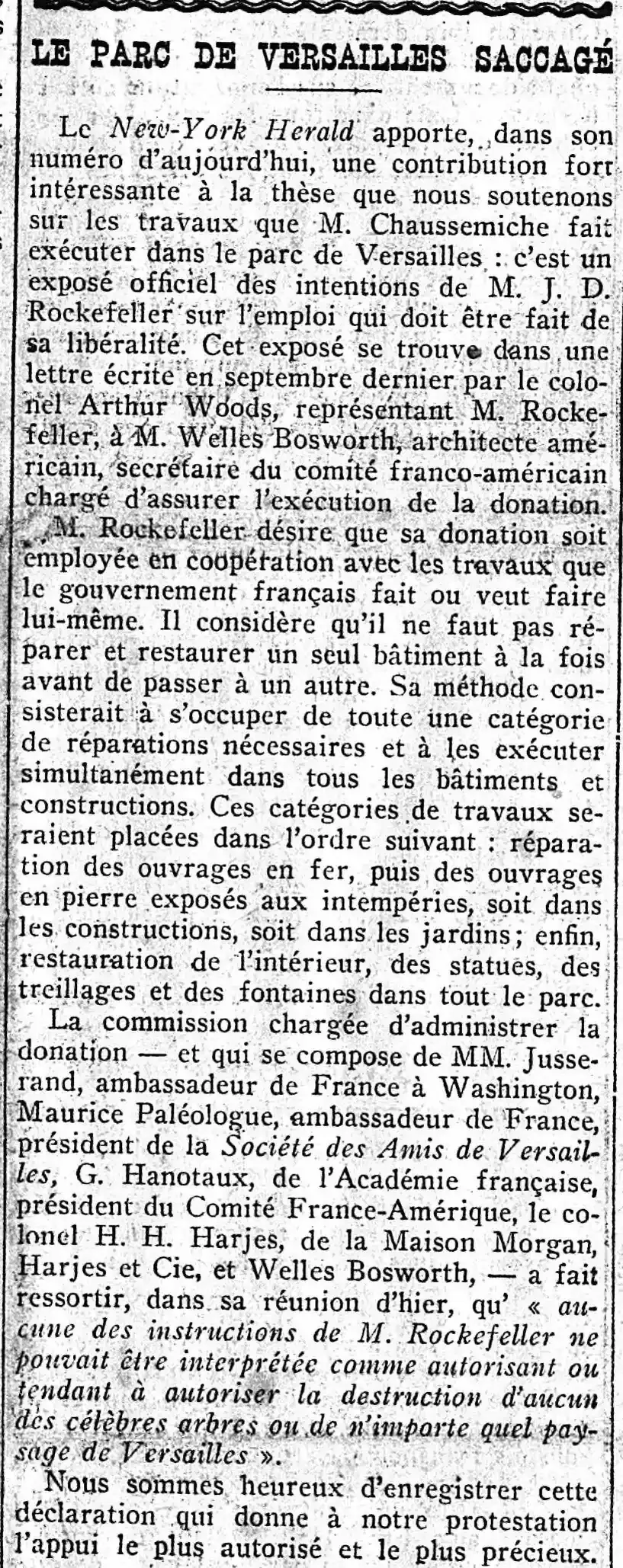 Le parc de Versailles saccagé, aucune des instructions de M. Rockefeller n'autorise « la destruction... de n'importe quel paysage de Versailles ».