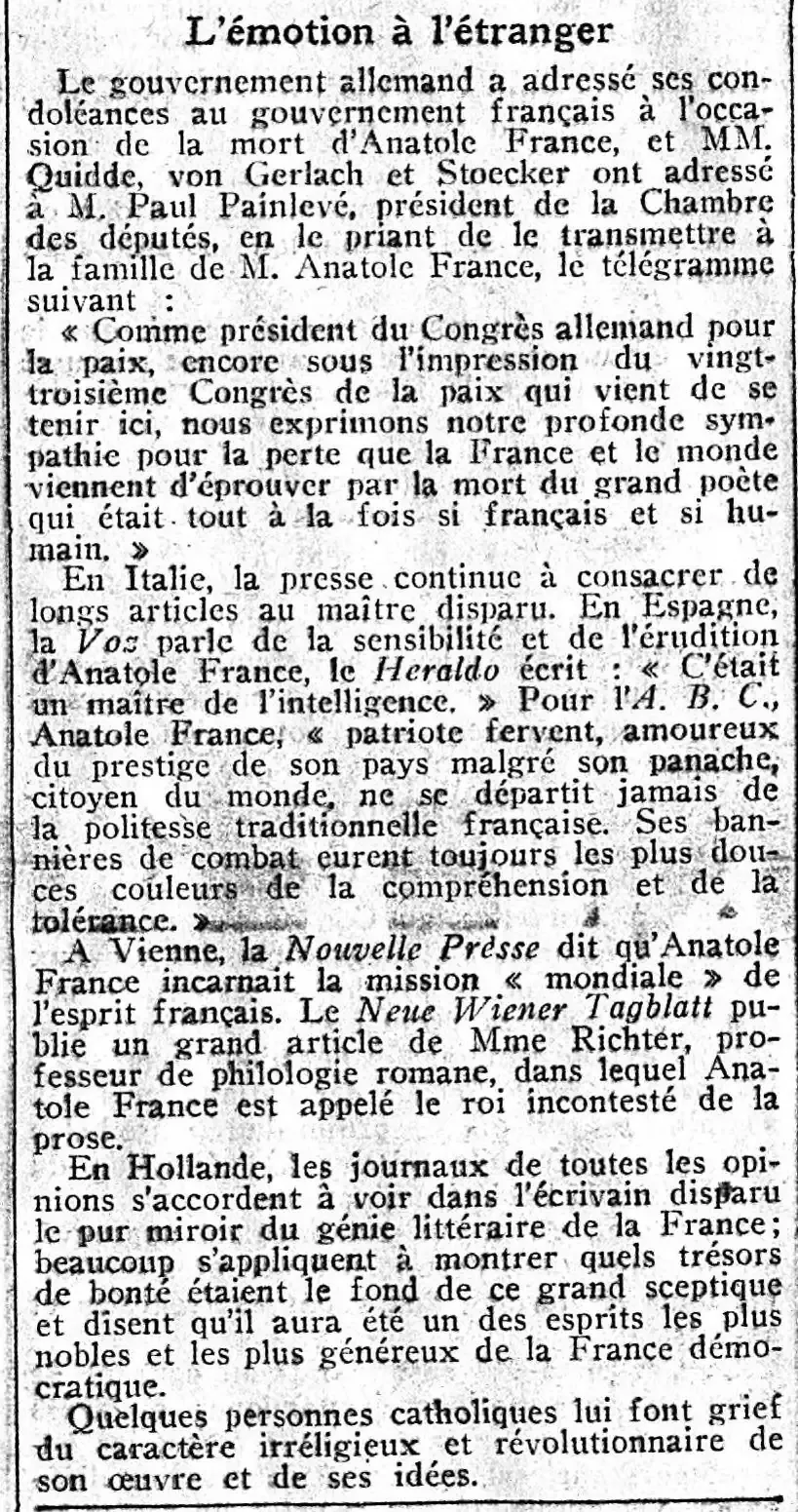 La mort d'Anatole France, l'émotion à l'étranger