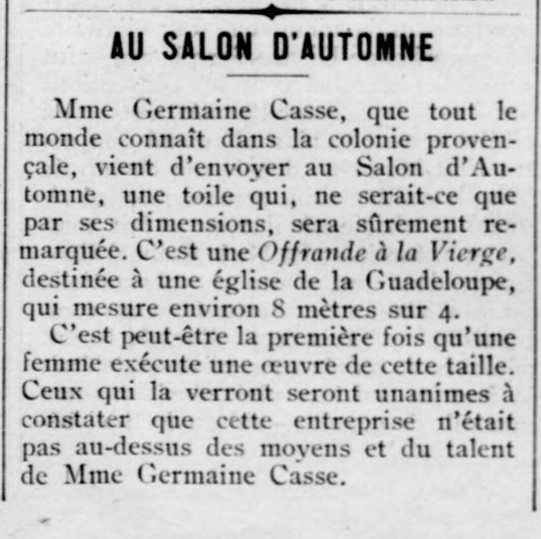  Madame Germaine Casse and her painting "the offering to the Virgin