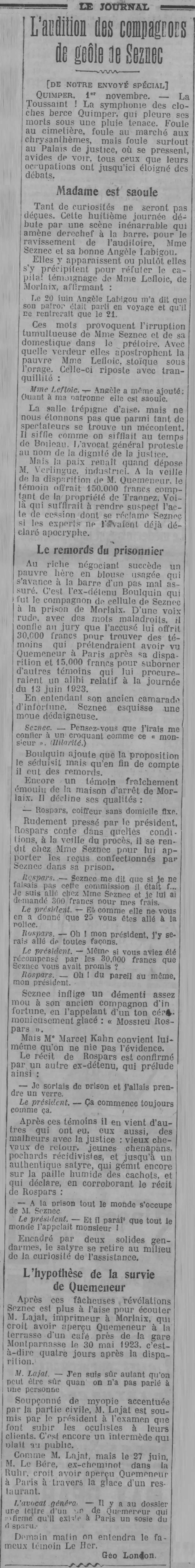  Le Journal L'audition des compagnons de geôle de Seznec