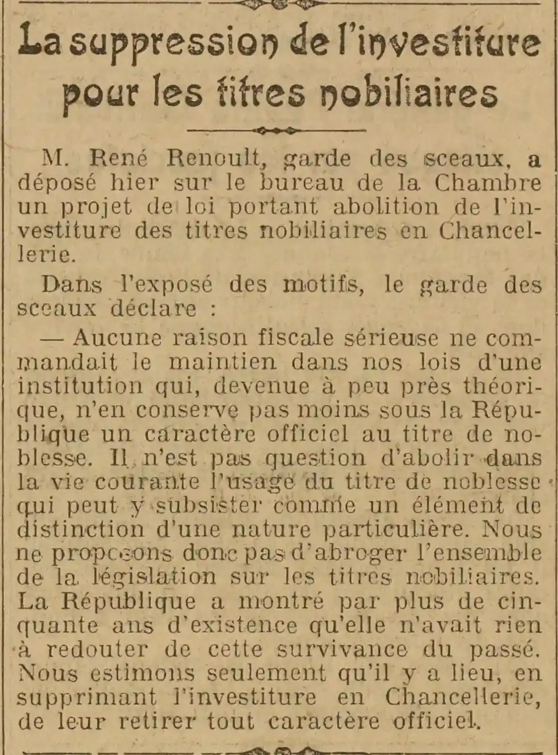   LOeuvre 1924 11 05 La suppression de l'investiture pour les titres nobiliaires  .