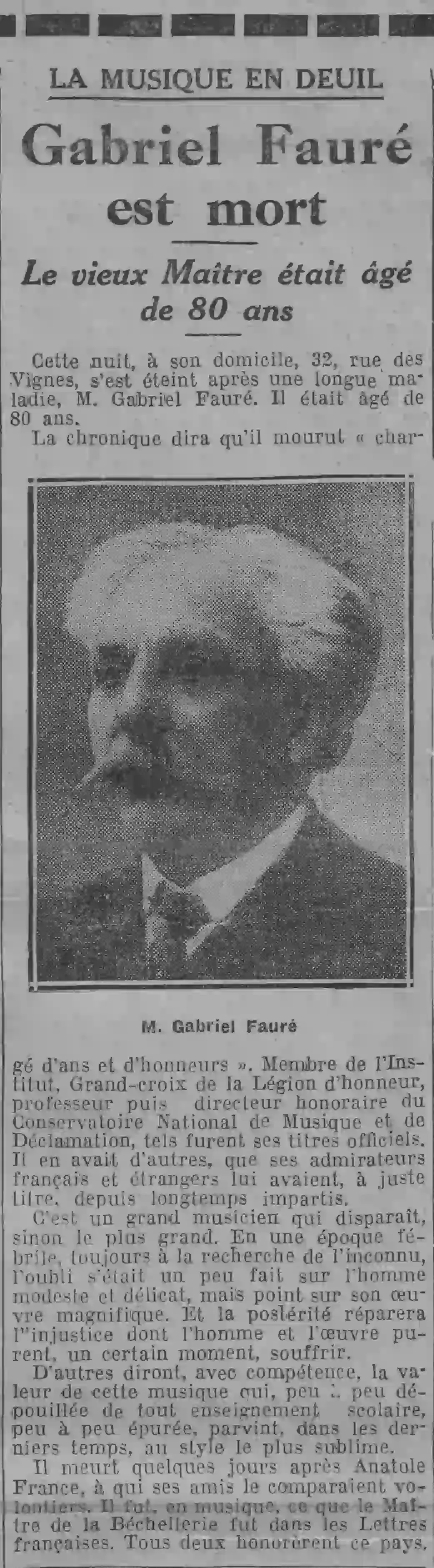   Paris soir 1924 11 05   Gabriel Fauré is dead